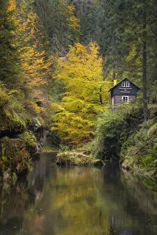Season Collection: Wooden cabin inside Edmund Gorge by Kamenice river, Bohemian Switzerland National Park, Hrensko