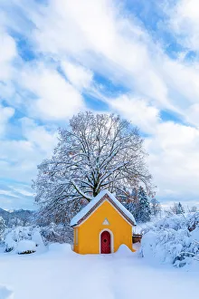 House Of Worship Prints: Wooden Chapel in the Snow, Bavaria, Germany