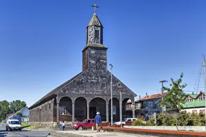 18th Century Prints: Wooden church of Santa Maria de Loreto, Achao island near Chiloe, Los Lagos region, Chile