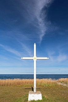 Lawrence River Prints: Wooden cross alon g the St. Lawrence River, Sainte-Anne-des-Monts, Quebec, Canada