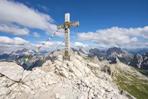 Mount Paterno Prints: Wooden cross on top of Mount Paterno and surrounding landscape in summer. Sesto Dolomites