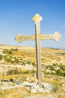 Crucifix Prints: A wooden crucifix overlooking Our lady of eleoisa or Panagia Eleoisa church in Kellia