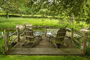 Chair Prints: Wooden Deck Chairs Overlooking Pond, Wyken Hall, Stanton, Suffolk, England
