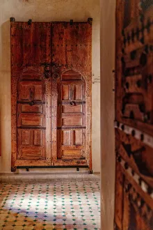 Ornament Prints: wooden door, morning light. Fez, Morocco