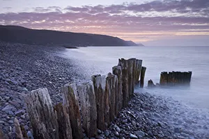 Wooden groyne on Bossington Beach, Exmoor, Somerset. Winter