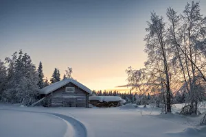 Northern Sweden Prints: Wooden house in the snowy forest during sunset, Kiruna, Norrbotten County, Lapland