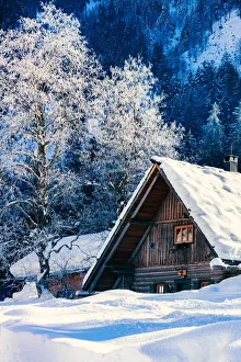 Images Dated 16th April 2019: A wooden hut near Gosau covered with snow on a sunny morning