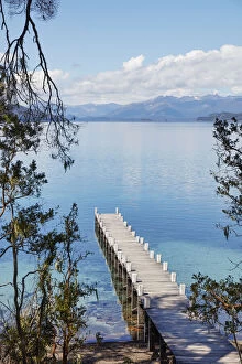 Images Dated 20th January 2022: A wooden jetty in the 'Arrayanes National Park'on Lake Nahuel Huapi, Villa La Angostura, Neuquen