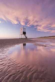 Low Tide Prints: Wooden lighthouse and reflections on Burnham Beach at low tide, Burnham on Sea, Somerset