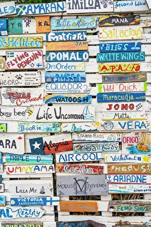 Carriacou Prints: Wooden plaques of visiting boats to the Paradise Beach Club
