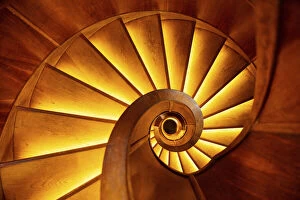 Wooden spiral stairs in the NebotiAA┬ìnik building, Ljubljana, Slovenia
