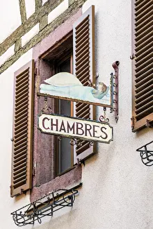 Grand Est Prints: Wrought iron guesthouse sign, Kaysersberg, Haut-Rhin, Alsace, Grand Est, France