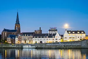Wyck neighborhood on the Maas River at night, Maastricht, Limburg, Netherlands