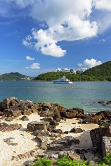 New Territories Prints: Yacht moored off Trio Beach, Sai Kung, Hong Kong