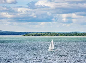 Aland Islands Gallery: Yacht sailing near the coast, elevated view, Aland Islands, Finland