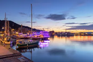 Red Brick Building Prints: Yachts in harbour at sunset, Hakodate, Hokkaido, Japan