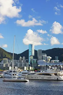 Kwun Tong Prints: Yachts in Kwun Tong typhoon shelter with Quarry Bay skyline in background