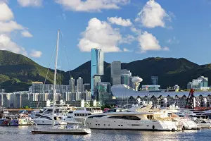 Kwun Tong Prints: Yachts in Kwun Tong typhoon shelter with Quarry Bay skyline in background