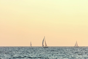 South Western Prints: Yachts off the coast at sunrise, Santa Monica, California, USA