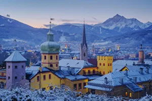 Tiroler Prints: The yellow castle of Buechsenhausen at Dawn, Innsbruck, Tyrol, Austria