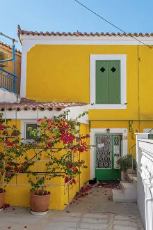 Bougainvillea Prints: Yellow house, Poros Island, Saronic Islands, Greece