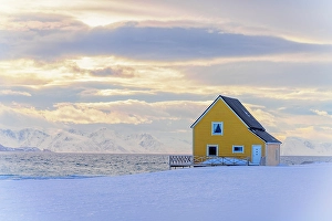 Finnmark Prints: Yellow house on a snowy beach, Sorvaer, Soroya island, Troms og Finnmark, Northern Norway