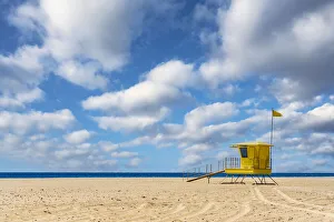 Loneliness Prints: Yellow lifeguards cabin on empty sand beach, Morro Jable, Fuerteventura