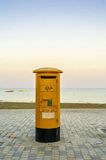 Cyprus Gallery: Yellow Post Box and the Mediterranean Sea, Larnaca, Cyprus