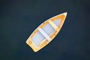 Straight Down Prints: Yellow rowboat at Quissett Harbor, Cape Cod, Falmouth, Massachusetts, USA