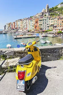 Liguria Gallery: Yellow Vespa scooter parked near harbour, Portovenere, La Spezia district, Liguria, Italy