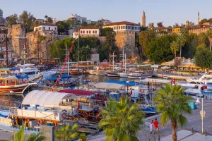 Images Dated 19th November 2019: Yivli Minaret Mosque, Tekeli Mehmet Pasha Mosque, Clock Tower and Antalya Harbour