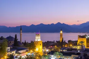 Neil Farrin Prints: Yivli Minaret Mosque, Tekeli Mehmet Pasha Mosque and Clock Tower at Dusk, Kaleici