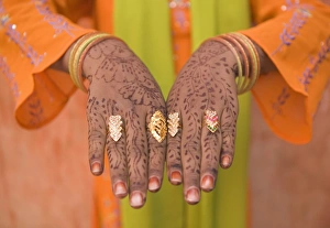 Jaipur Prints: Young Indian Girl with Hennaed Hands, Jaipur, Rajasthan, India