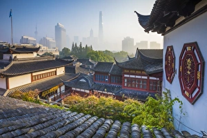Yu Yuan Gardens and Pudong skyline behind, Shanghai, China