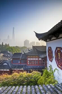 Old City Gallery: Yu Yuan Gardens and Pudong skyline behind, Shanghai, China