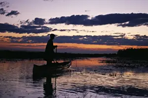 Punting Prints: Zambia Game scout poling mokorro along Lukulu River at sunset