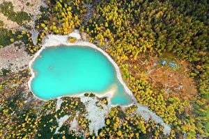 Zenithal Prints: Zenithal aerial view of Lake Lagazzuolo in autumn. Valmalenco, Valtellina, Lombardy, Italy
