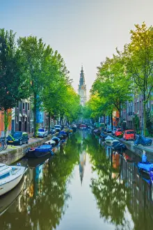 Urban Landscape Prints: Zuiderkerk church in Amsterdam reflecting in the Groenburgwal canal, Holland / Netherlands